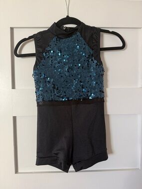 Girls Black and Teal Sequin Dance Costume
